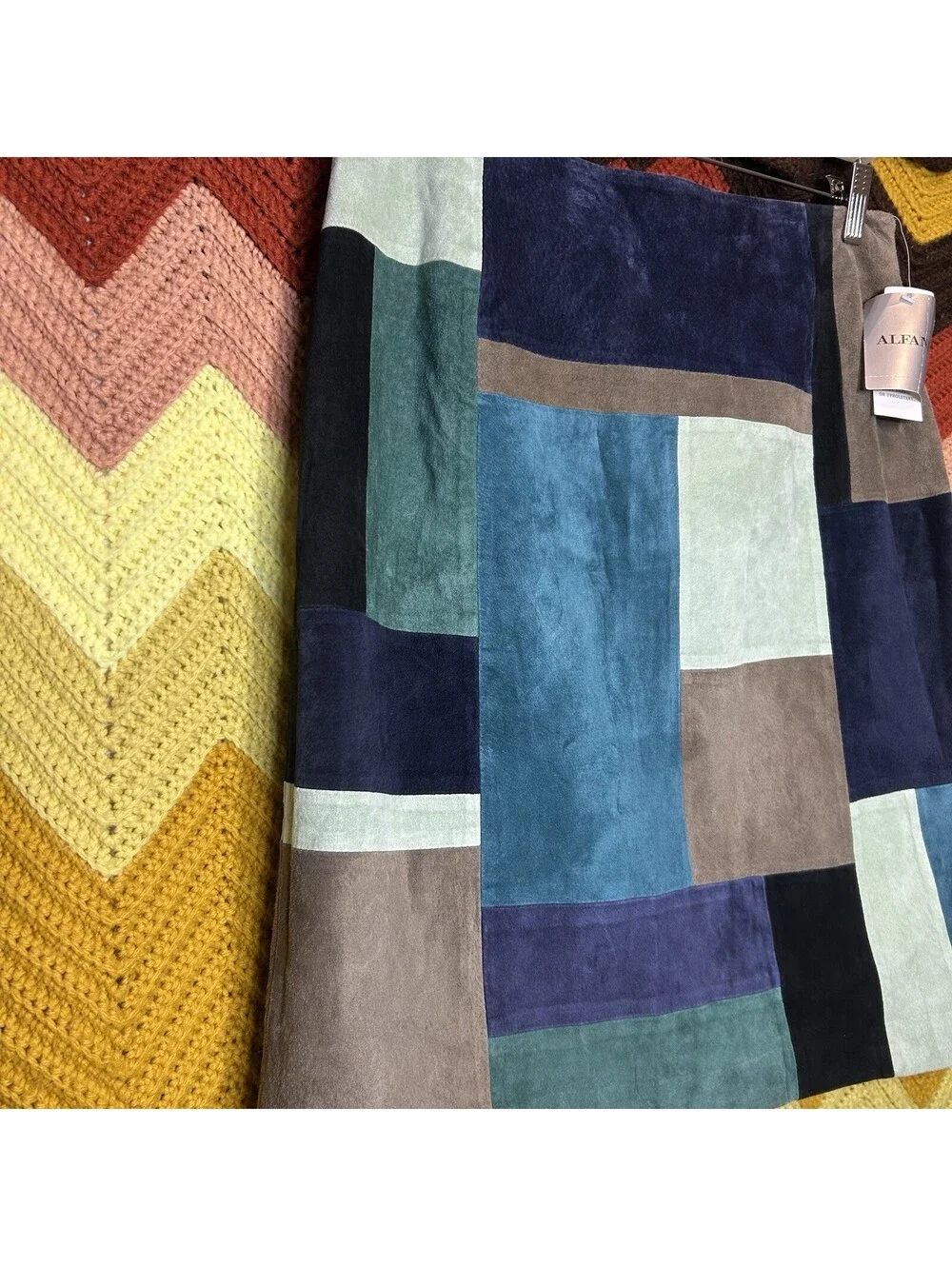 Rare Alfani Suede Leather Vintage Y2K Boho Multicolored Skirt (Sz 10) Patchwork